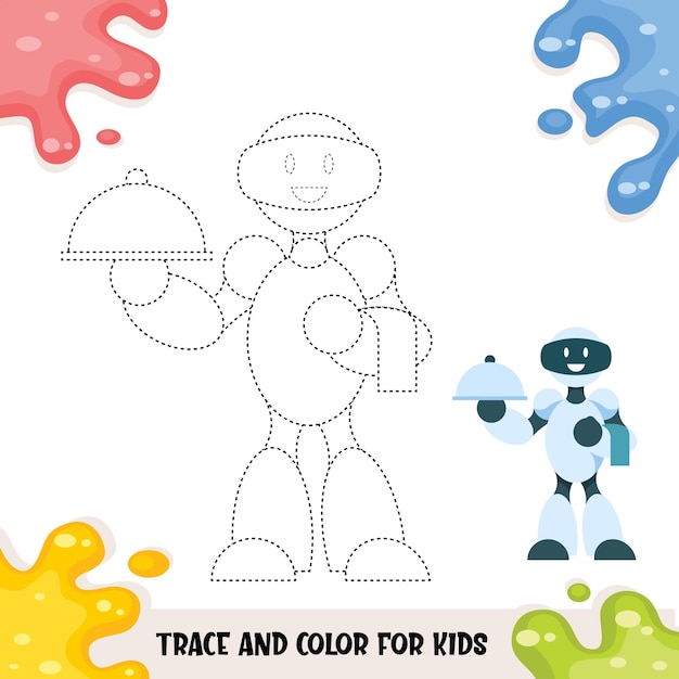 Trace and color for childrens with robot chef illustration