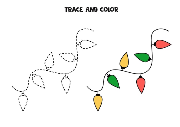 추적 및 색상 크리스마스 화환. 아이들을 위한 워크시트.