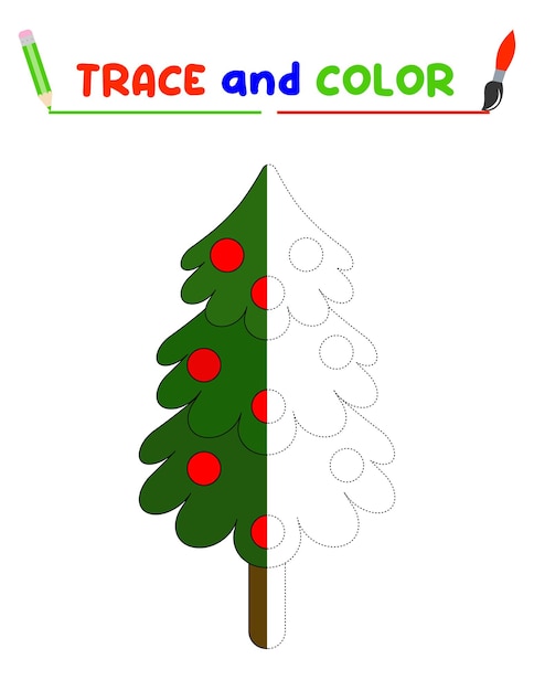 Trace and color the christmas tree A training sheet for preschool childrenEducational  Coloring Book