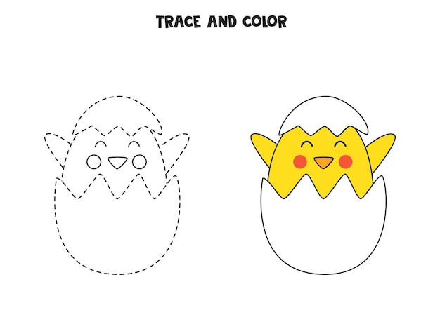 Trace and color cute baby chicken from egg. Worksheet for children.