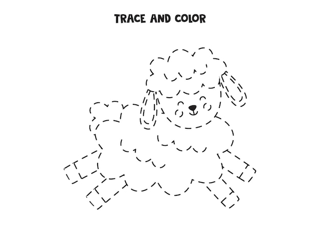 Trace and color cute black and white easter lamb worksheet for children