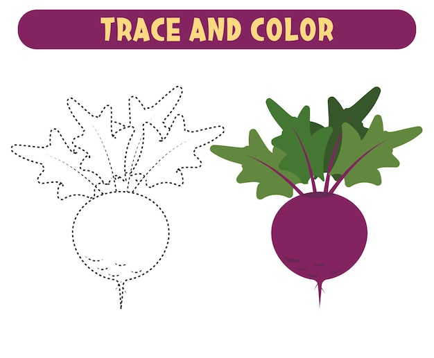 Trace and color cute cartoon beetroot Worksheet for kids