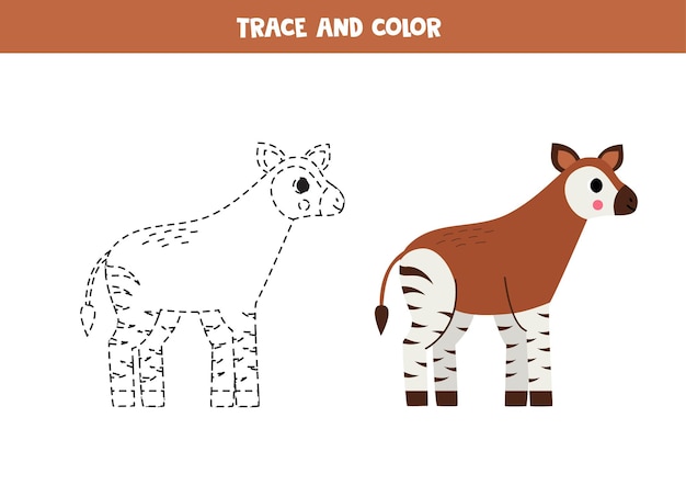 Trace and color cute cartoon okapi Worksheet for kids