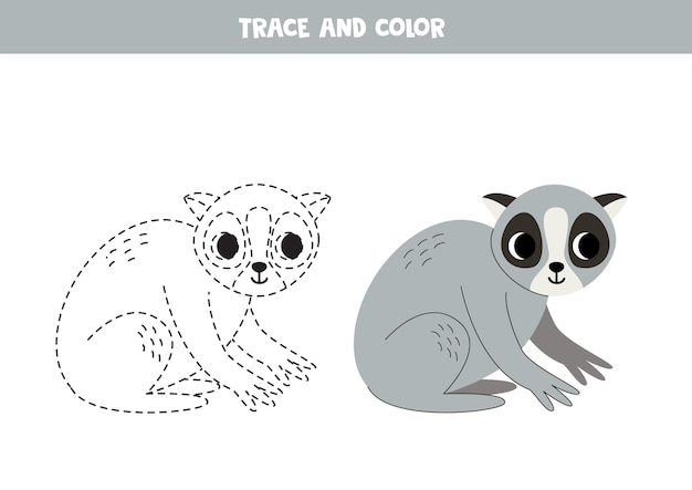 Trace and color cute cartoon slow lori Worksheet for kids