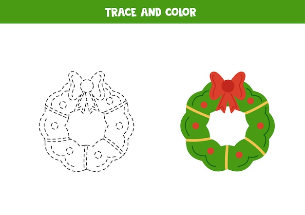 Trace and color cute Christmas wreath Worksheet for children