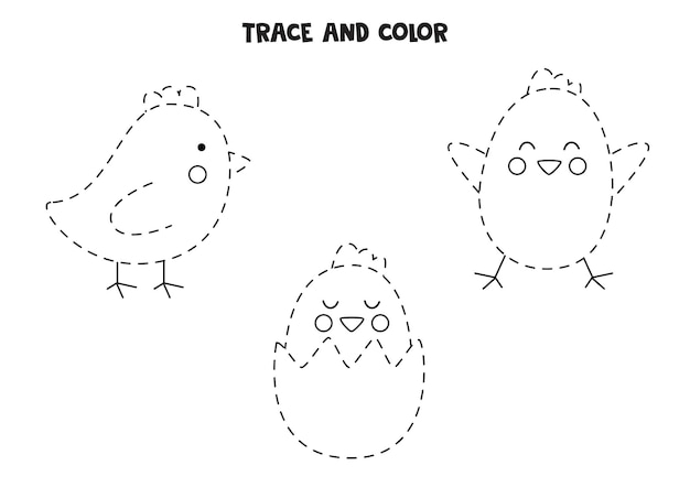 Trace and color cute Easter chickens. Worksheet for children.