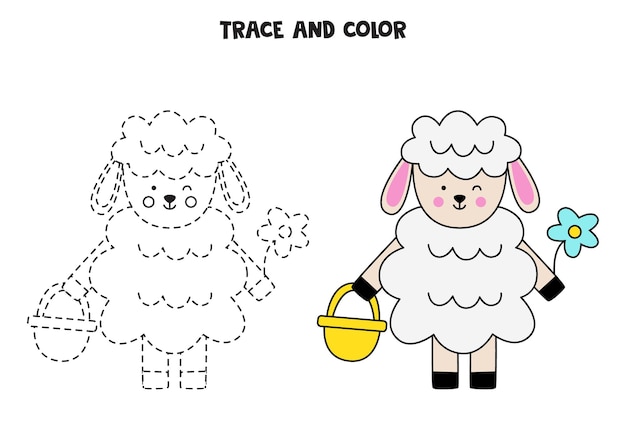 Vector trace and color cute easter lamb educational game for kids