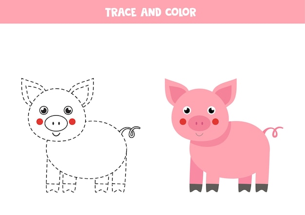 Trace and color cute farm pig. educational game for kids. writing and coloring practice.