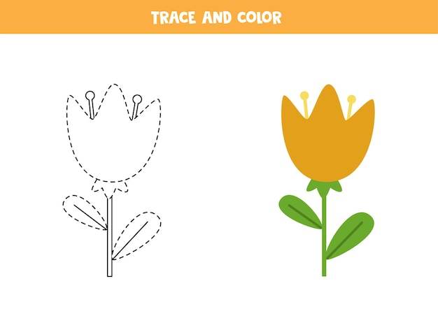 Trace and color cute flower. Educational game for kids. Writing and coloring practice.