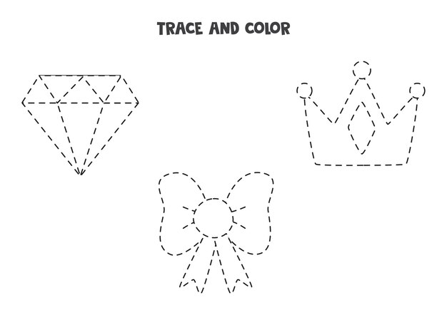 Trace and color cute girl accessories. worksheet for girls.