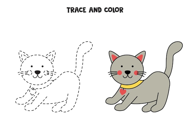 Traccia e colora un simpatico gatto grigio foglio di lavoro per bambini