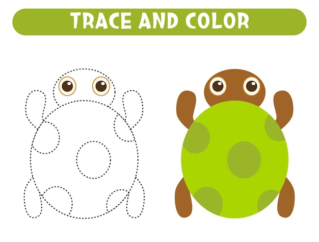 귀여운 녹색 거북이를 추적하고 색칠해보세요. 교육용 게임 어린이를 위한 워크시트
