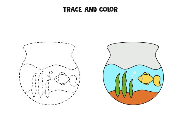 Traccia e colora il foglio di lavoro dell'acquario disegnato a mano carino per i bambini