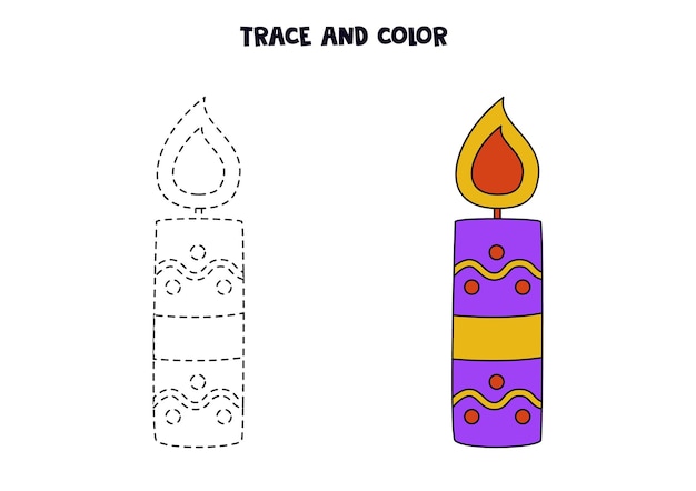 Traccia e colora la simpatica candela disegnata a mano foglio di lavoro per bambini