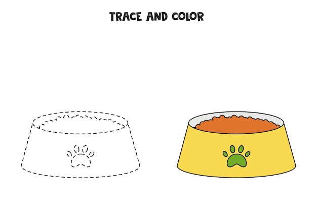 Vector trace and color cute hand drawn cat bowl worksheet for children