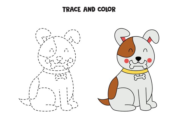 Traccia e colora il foglio di lavoro carino disegnato a mano del cane carino per i bambini