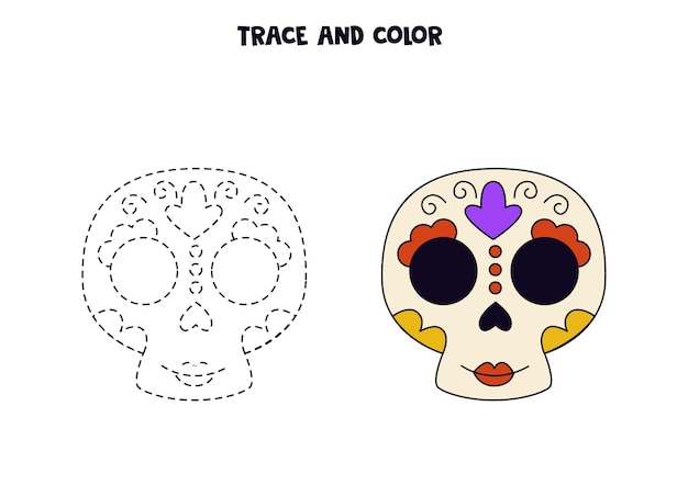 Trace and color cute hand drawn Mexican skull Worksheet for children