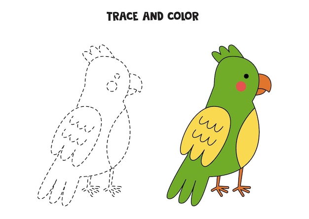 Trace and color cute hand drawn parrot Worksheet for children