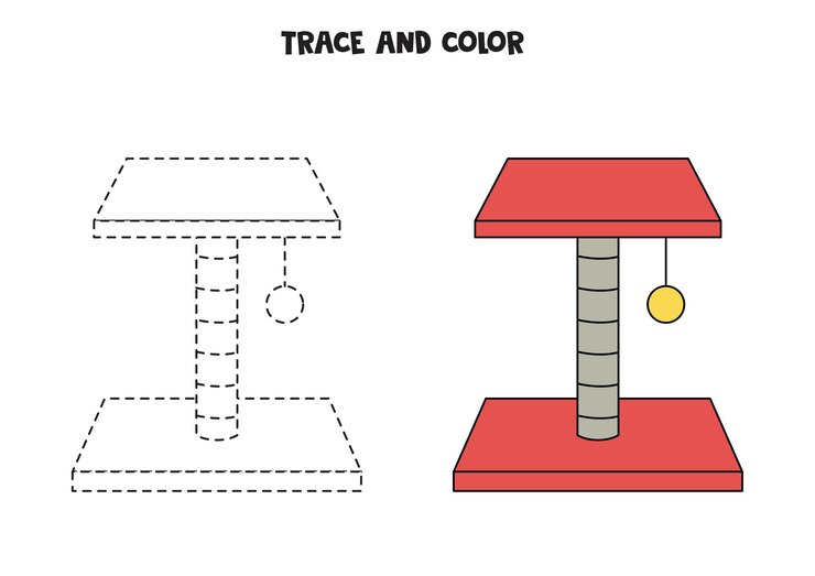 Vector trace and color cute hand drawn scratching post worksheet for children