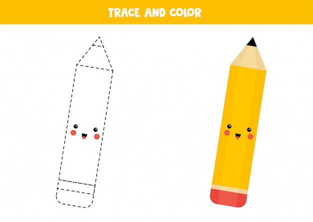 Trace and color cute kawaii pencil. Educational worksheet.