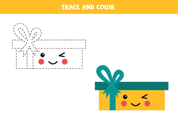 Traccia e colora la simpatica scatola regalo kawaii. pratica di scrittura a mano per bambini.