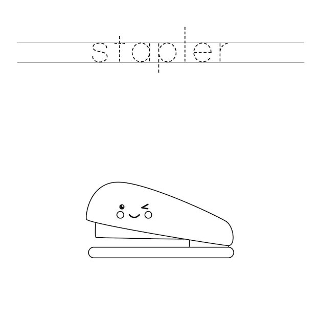 Trace and color cute kawaii stapler. Worksheet for kids.