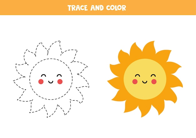 Trace and color cute kawaii sun. educational game for kids. writing and coloring practice.