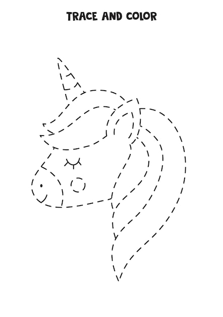 Traccia e colora un simpatico unicorno kawaii. gioco educativo per bambini. pratica di scrittura e colorazione.