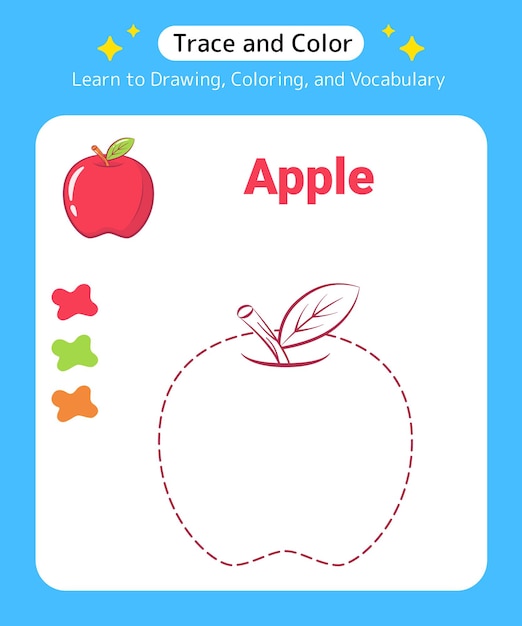 Traccia e colora la mela della frutta per bambini in età prescolare e scuola materna