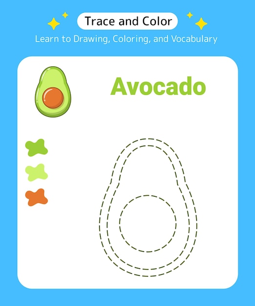 Trace and Color Fruit Avocado for Preschool Kids and Kindergarten