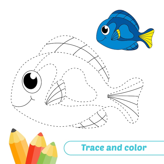 Traccia e colora per il vettore di pesce blu tang per bambini