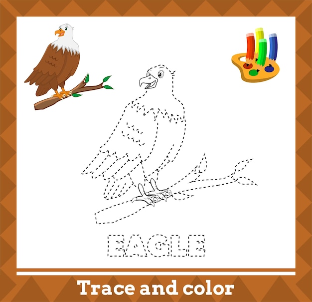 Trace and color for kids, eagle vector kids activity page