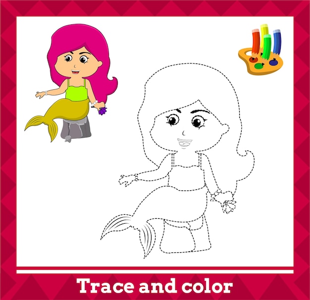 Trace and color for kids, mermaid no 11 vector illustration.