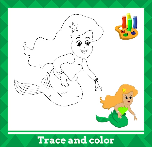 Trace and color for kids, mermaid no 11 vector illustration.