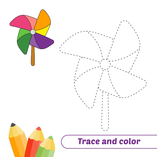 Trace and color for kids paper windmill vector