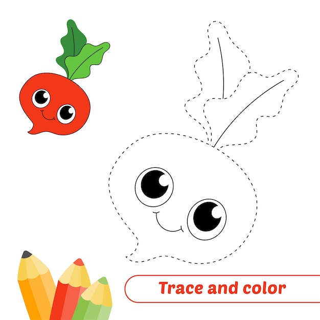 Trace and color for kids radish vector