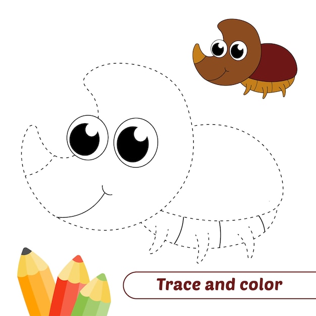 Traccia e colore per il vettore di scarabeo rinoceronte per bambini