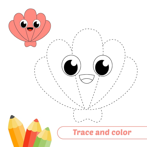 Trace and color for kids seashell vector