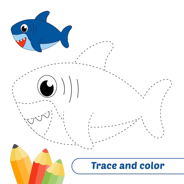 Trace and color for kids shark vector