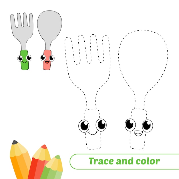 Trace and color for kids spoon and fork vector