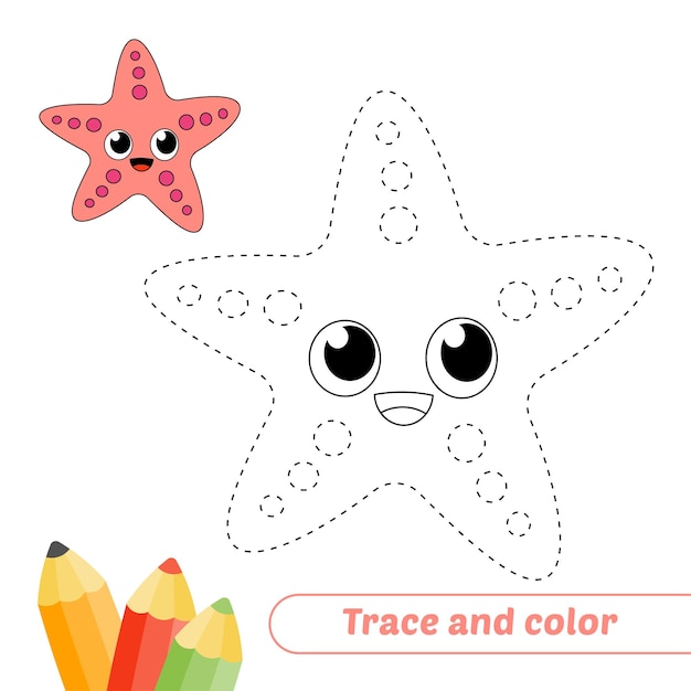 Trace and color for kids starfish vector