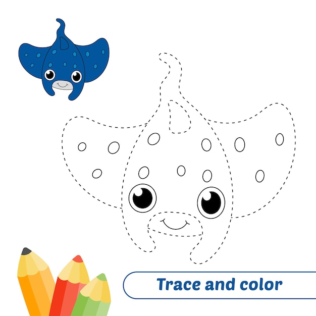 Trace and color for kids stingray fish vector