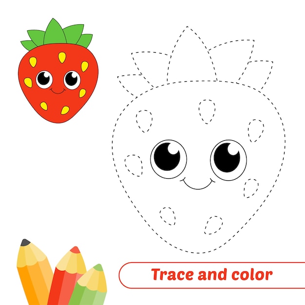 Trace and color for kids strawberry vector