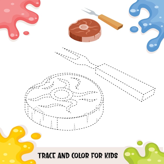 Trace and color for kids with beef steak illustration