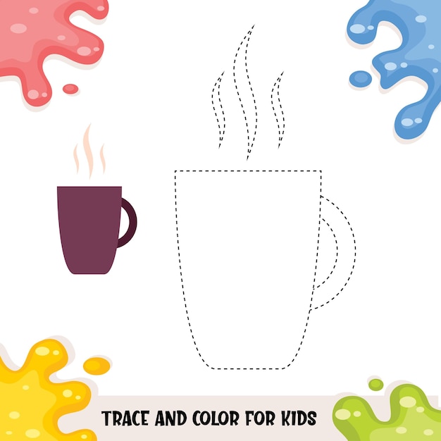 Трассировка и цвет для детей с иллюстрацией горячего чая