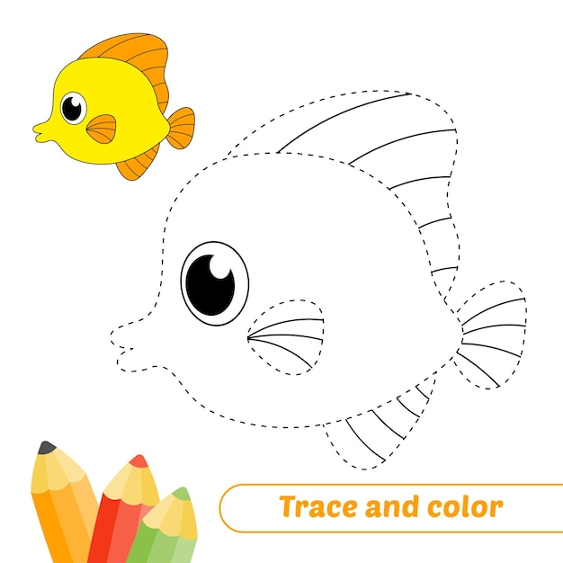 Trace and color for kids yellow tang fish vector