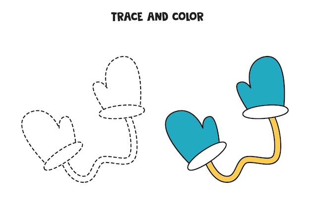 Trace and color pair of mittens. Worksheet for kids.