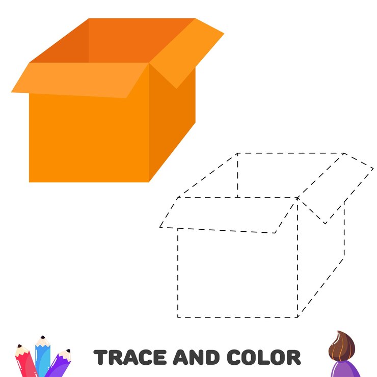 Vector trace and color paper box handwriting practice for kids educational sheet with game vector illustrationxa