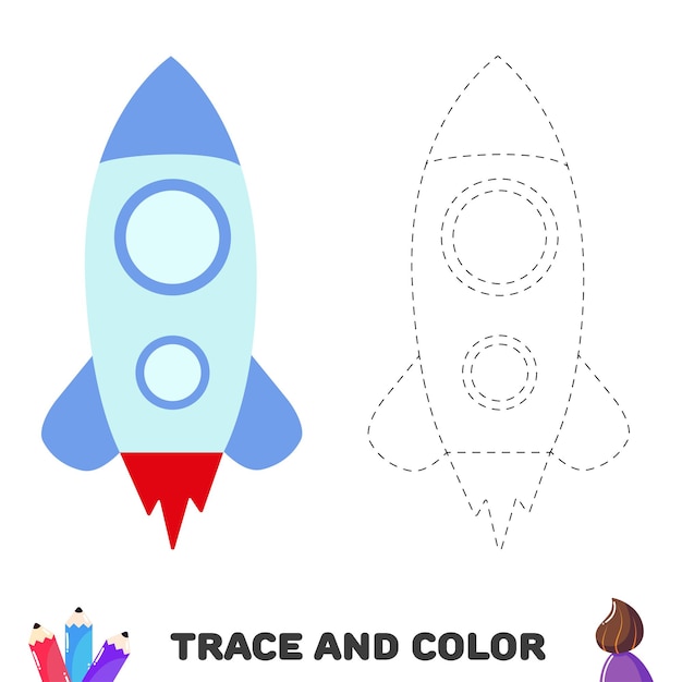 Trace and color the rocket Handwriting practice Educational sheet with game for kids Vector illustrationxA