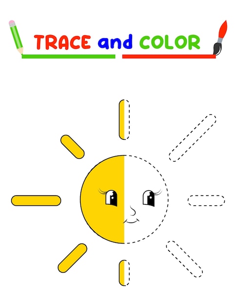太陽をなぞって色を付ける就学前の子供向けのトレーニング シート教育課題 Sun Coloring Book